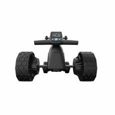 Elektrischer Golf Trolley schwarz mit breiten Profilreifen und Display, Vorderansicht