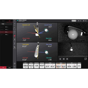 Golf Simulator Screenshot mit Ballflugdaten, Golfschlägeranalyse und Spinwerten