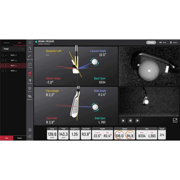 Golf Simulator Screenshot mit Ballflugdaten, Golfschlägeranalyse und Spinwerten