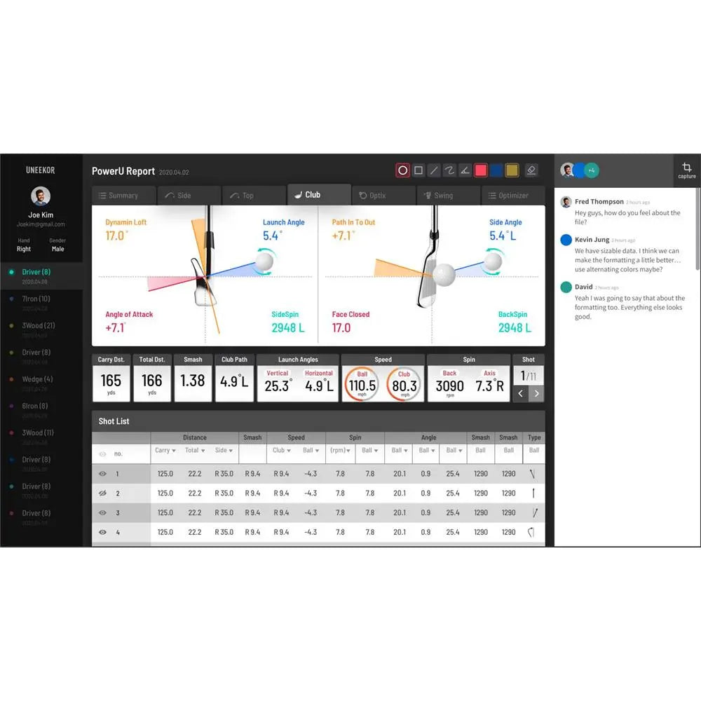 Golf Simulator Bildschirm mit Golfdaten, Schwunganalyse und Ballflugwerten, Indoor Golf Analyse