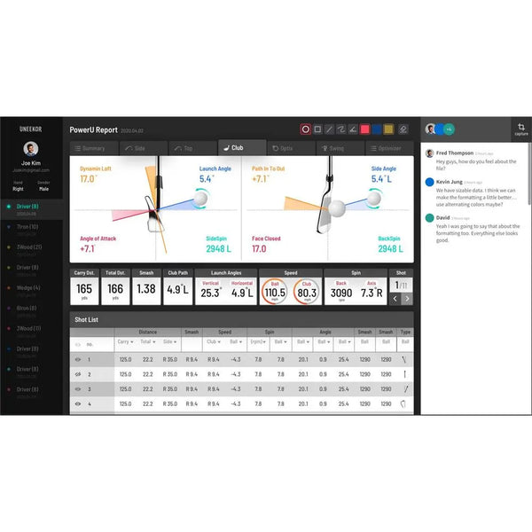 Golf Simulator Bildschirm mit Golfdaten, Schwunganalyse und Ballflugwerten, Indoor Golf Analyse