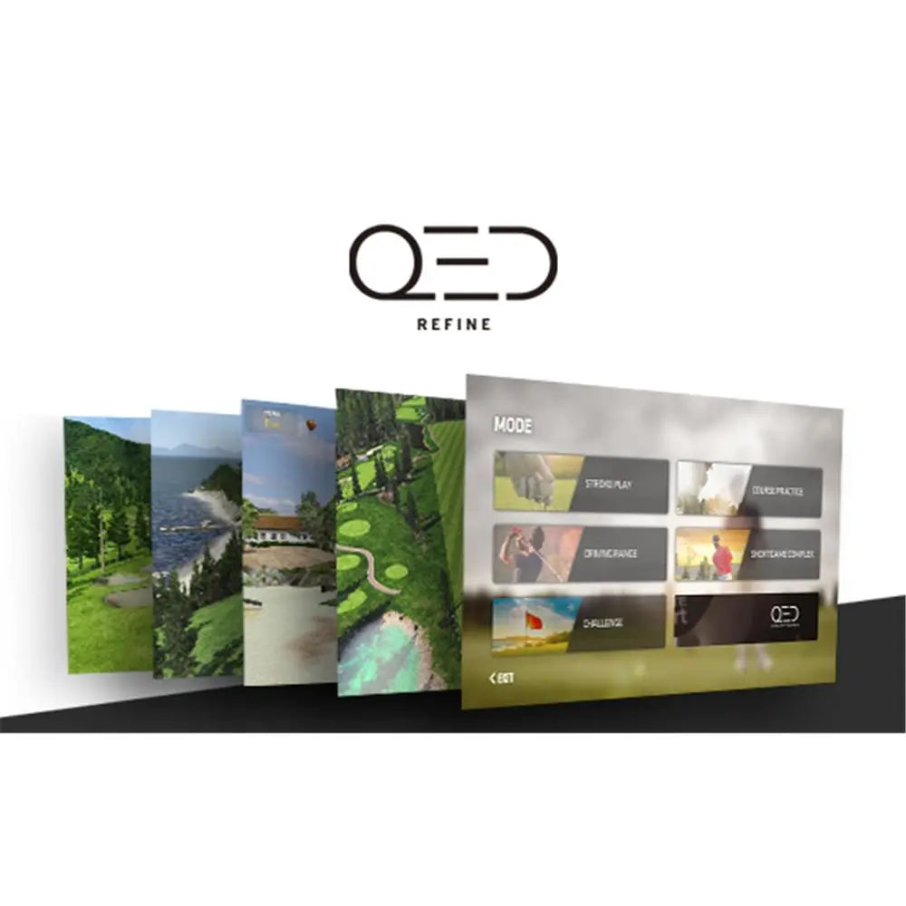 Golf Simulator Software QED Refine mit verschiedenen virtuellen Golfplätzen und Auswahlmenü