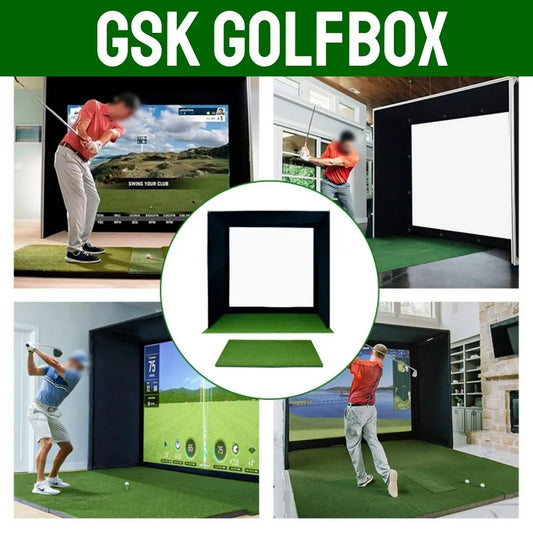 Golf Simulator Box für Indoor Golf, Abschlagmatte, großer Bildschirm, verschiedene Ansichten