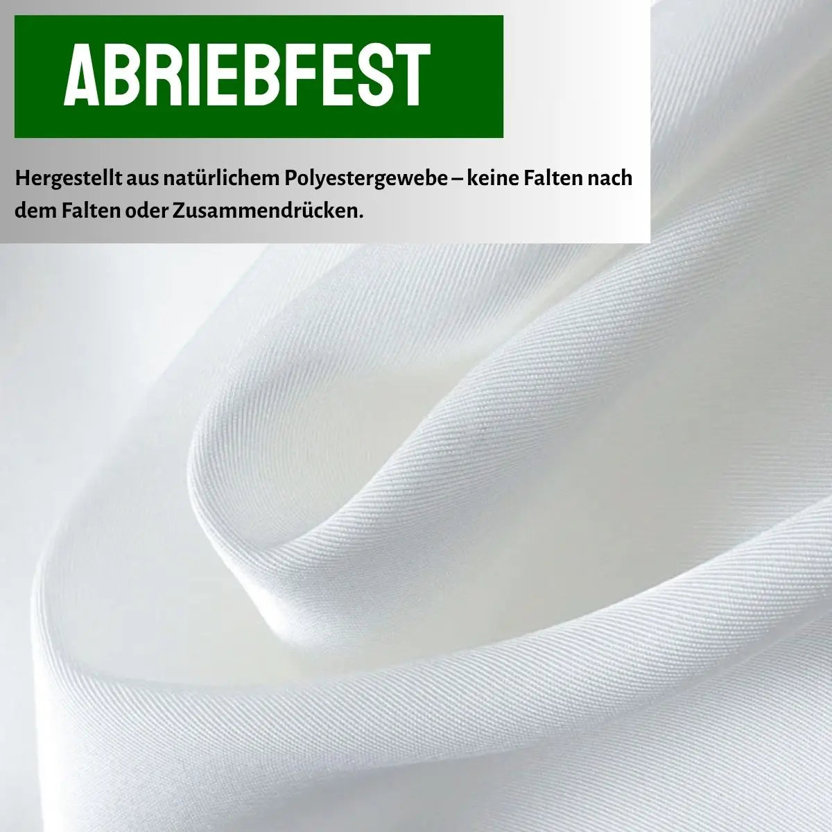 Weißes, abriebfestes Polyestergewebe, faltenfrei, Nahaufnahme mit Textbeschreibung.