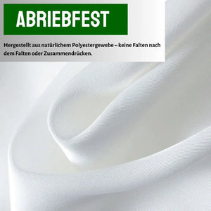 Weißes, abriebfestes Polyestergewebe, faltenfrei, Nahaufnahme mit Textbeschreibung.