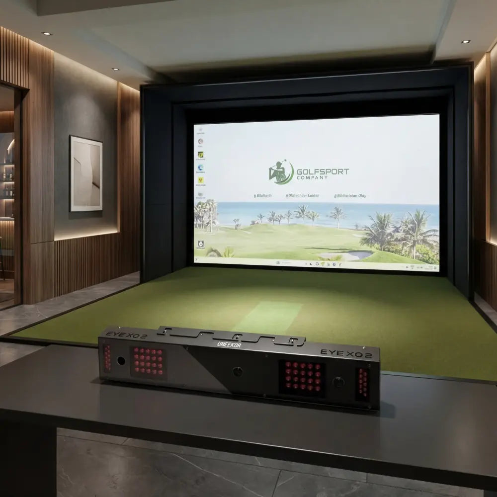 GSK ELITE Uneekor EyeXO Golf Simulator – Indoor Golfsimulator mit Projektionsleinwand und Golfrasen