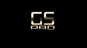 GS Pro Logo in Gold auf schwarzem Hintergrund, Golf Simulator Zubehör