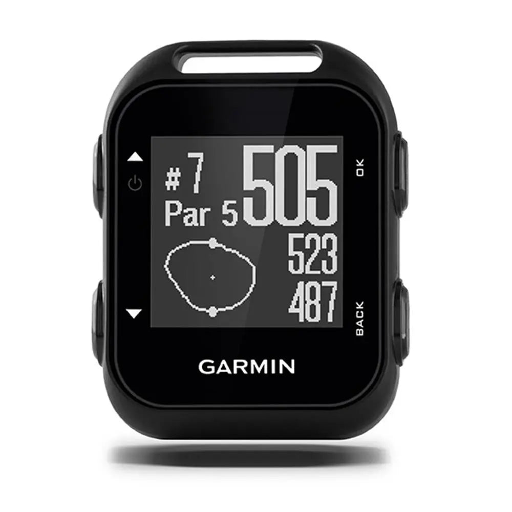 Schwarzes Golf GPS-Gerät mit Display, zeigt Lochinformationen und Distanzen an