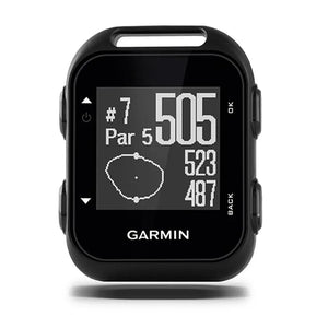 Schwarzes Golf GPS-Gerät mit Display, zeigt Lochinformationen und Distanzen an