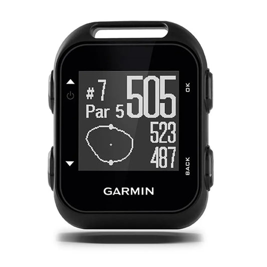 Schwarzes Golf GPS-Gerät mit Display, zeigt Lochinformationen und Distanzen an