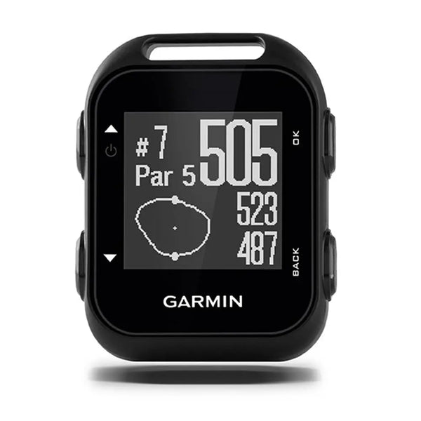 Schwarzes Golf GPS-Gerät mit Display, zeigt Lochinformationen und Distanzen an