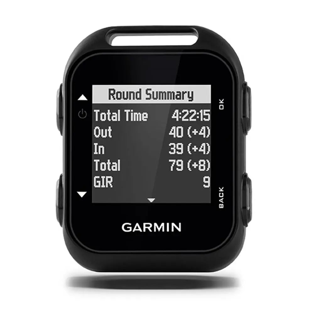 Kompaktes Golf GPS-Gerät mit Display, Rundenstatistik und seitlichen Tasten, schwarze Farbe