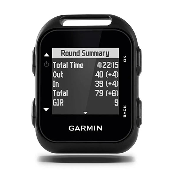 Kompaktes Golf GPS-Gerät mit Display, Rundenstatistik und seitlichen Tasten, schwarze Farbe