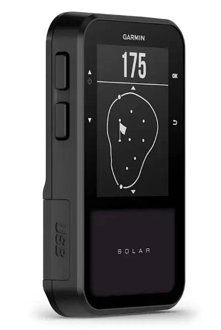Golf GPS Entfernungsmesser mit Display, Tasten und Solarfeld, seitliche Ansicht