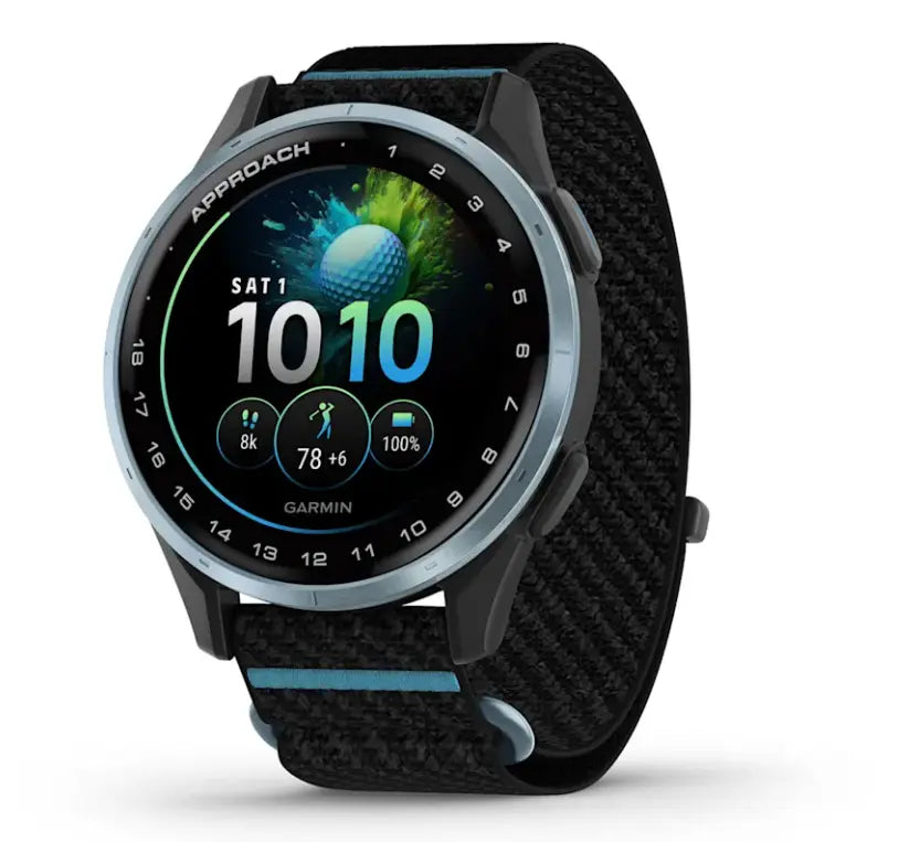 Golfuhr mit rundem Display, Fitnessfunktionen und schwarzem Armband, Anzeige Golfball-Design