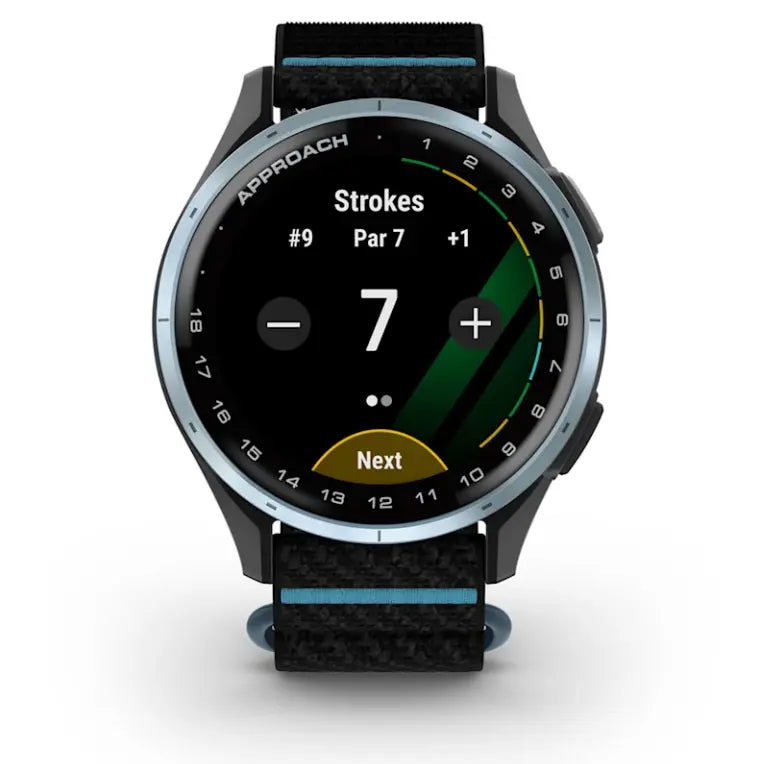 Golf GPS Uhr mit Rundenzähler, schwarzes Display, modernes Design, Strokes-Funktion angezeigt