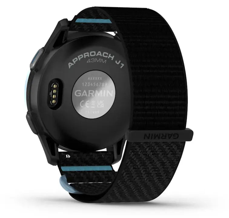 Rückseite einer schwarzen Approach J1 Golfuhr mit Nylon-Armband und Ladeanschluss