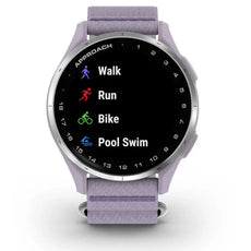Lila Sportuhr mit Runddisplay, zeigt Aktivitäten Walk, Run, Bike und Pool Swim