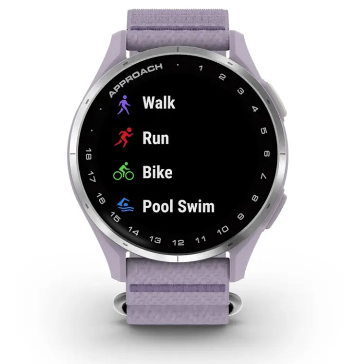 Lila Sportuhr mit Runddisplay, zeigt Aktivitäten Walk, Run, Bike und Pool Swim