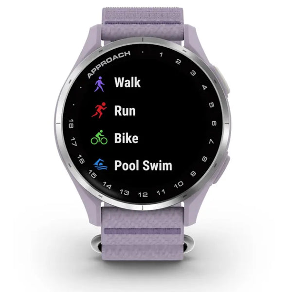 Lila Sportuhr mit Runddisplay, zeigt Aktivitäten Walk, Run, Bike und Pool Swim