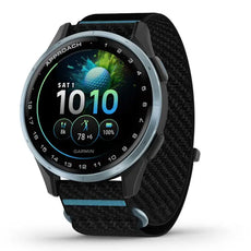 Golf GPS Uhr mit rundem Display, schwarzem Gehäuse und Sportarmband, Fitnessanzeigen sichtbar