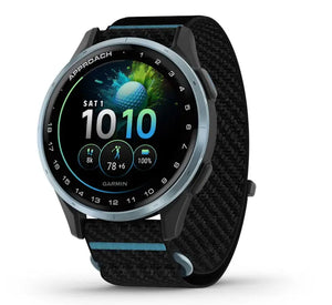 Golf GPS Uhr mit rundem Display, schwarzem Gehäuse und Sportarmband, Fitnessanzeigen sichtbar