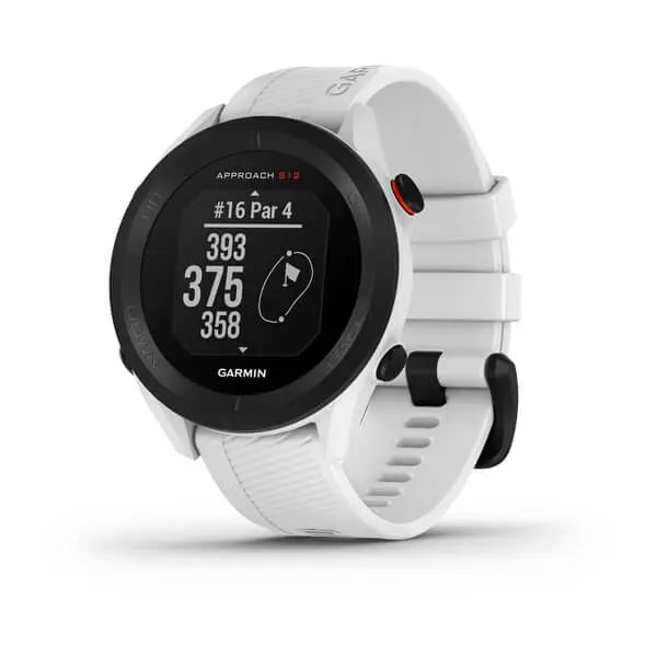 Golf-GPS-Uhr in Weiß, zeigt Entfernungsmesser und Golfplatzdaten auf dem Display