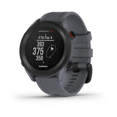 Garmin Approach S12 Golfuhr in Grau zeigt Entfernungsangaben und Lochgrafik auf Display
