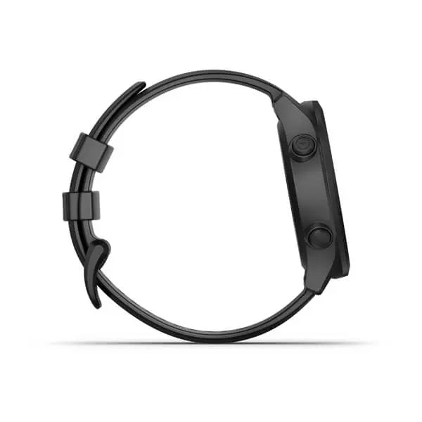 Seitenansicht einer schwarzen Golf GPS-Uhr mit zwei Tasten und Silikonarmband