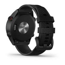 Schwarze Golf GPS-Uhr mit Silikonarmband, Gehäuserückseite und seitlichen Tasten sichtbar