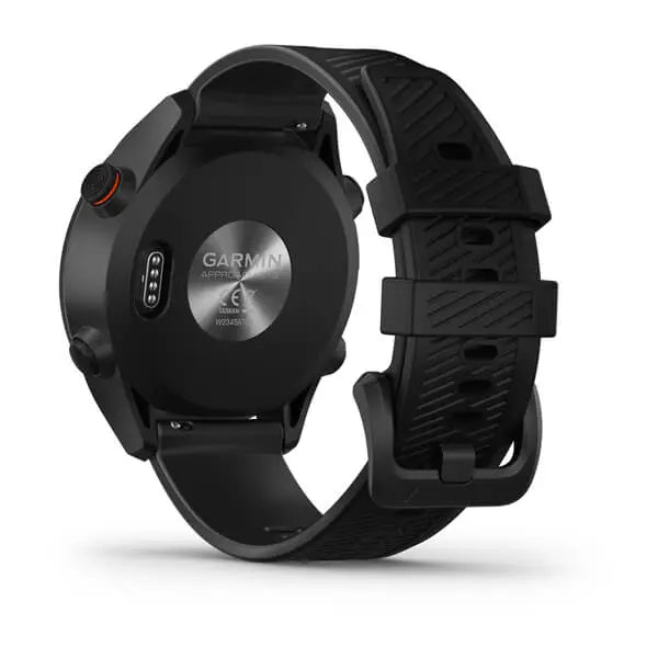 Schwarze Golf GPS-Uhr mit Silikonarmband, Gehäuserückseite und seitlichen Tasten sichtbar