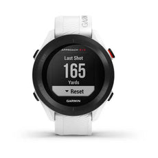 Golf GPS Uhr mit weißem Armband, Display zeigt Distanzmessung in Yards für Golfer