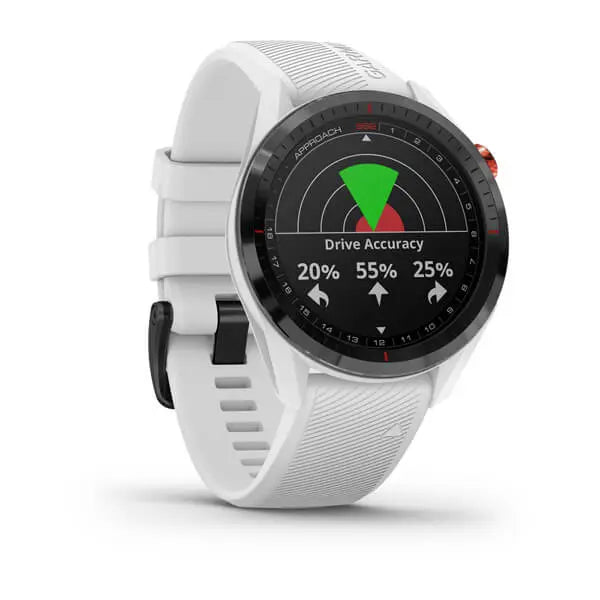 Weiße Golf GPS Uhr mit Drive Accuracy Anzeige, rundes Display und sportlichem Design
