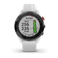 Golfuhr mit weißem Armband und Golfplatz-Navigation, Display zeigt Distanzen und Bunker-Info