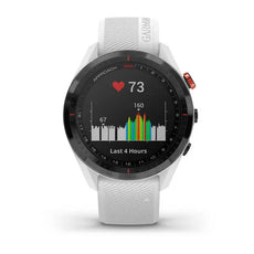 Moderne Golf GPS Uhr mit Herzfrequenzanzeige und weißem Armband, Nahaufnahme