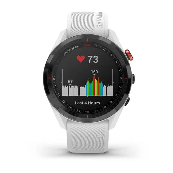 Moderne Golf GPS Uhr mit Herzfrequenzanzeige und weißem Armband, Nahaufnahme