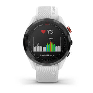 Moderne Golf GPS Uhr mit Herzfrequenzanzeige und weißem Armband, Nahaufnahme