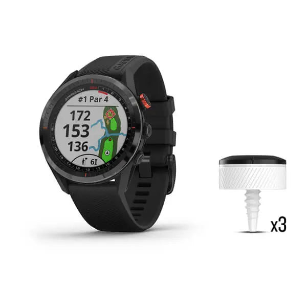 Schwarze Golf GPS-Uhr mit Farbbildschirm und Distanzanzeige, daneben drei Sensors