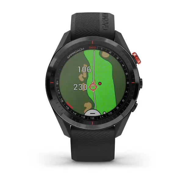 Schwarze Golf GPS-Uhr mit farbigem Golfplatz-Display und Entfernungsanzeige
