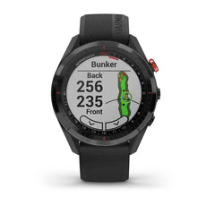 Golf GPS-Uhr mit Farbdisplay, zeigt Golfplatzkarte und Distanzen zu Bunker, elegantes Design