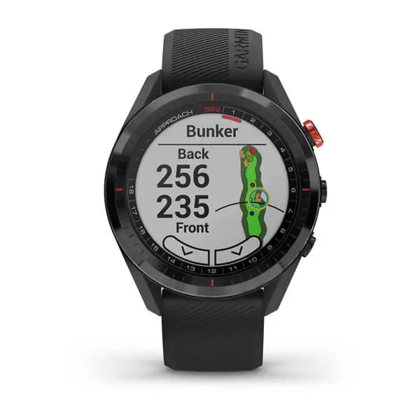 Golf GPS-Uhr mit Farbdisplay, zeigt Golfplatzkarte und Distanzen zu Bunker, elegantes Design