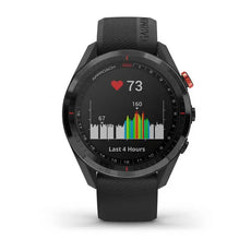 Schwarze Golf GPS-Uhr mit Herzfrequenzanzeige und Aktivitätsdiagramm auf dem Display