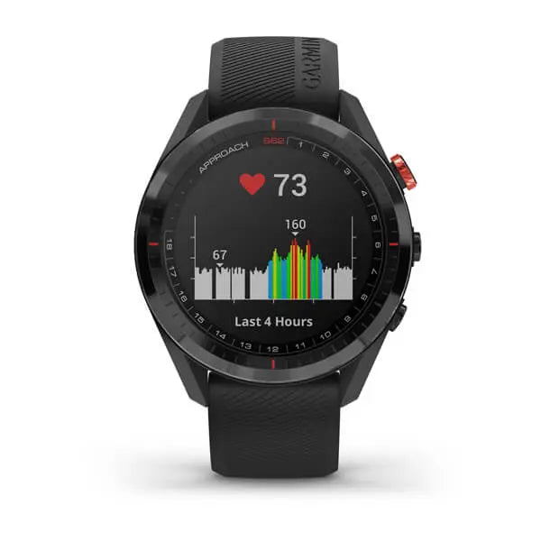 Schwarze Golf GPS-Uhr mit Herzfrequenzanzeige und Aktivitätsdiagramm auf dem Display