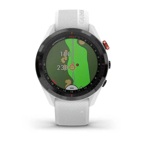 Golfuhr mit GPS, weißes Armband, farbiges Golfplatz-Display und Entfernungsanzeige