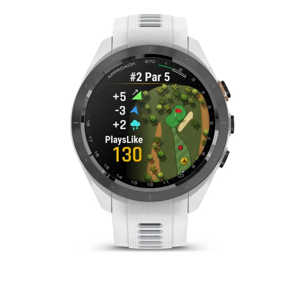 Weiße Golf GPS-Uhr mit Golfplatzkarte und Score-Anzeige auf dem Display