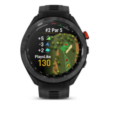 Schwarze Golf GPS-Uhr mit farbigem Golfplatz-Display und Score-Informationen