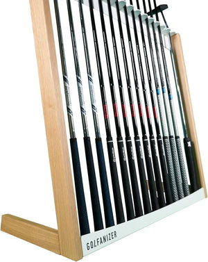 Moderner Golfschlägerständer aus Eiche und Weiß für 14 Golfschläger, Design Made in Germany