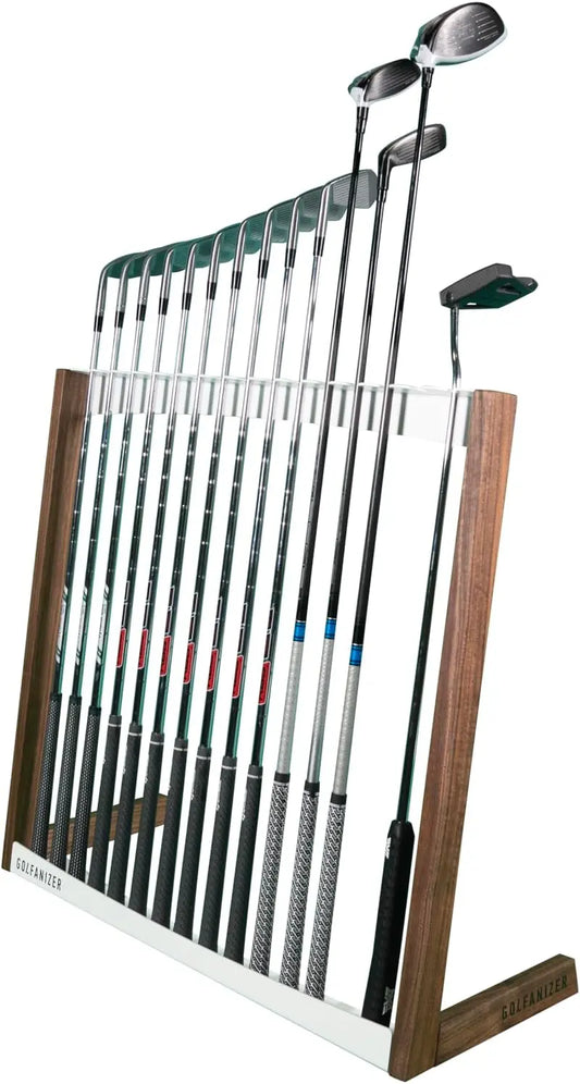 Moderner Golfschlägerständer aus Nussbaumholz und Weiß mit zehn Golfschlägern