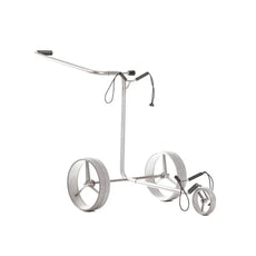 Silberner Golftrolley mit drei Rädern und ergonomischem Griff auf weißem Hintergrund