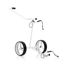 Weißer Golf Trolley mit zwei großen Rädern und ergonomischem Griff, freigestellt auf weiß.